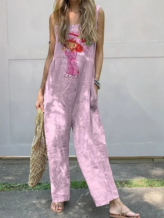 Retro Strawberry Shortcake Graphic Printed Women's Casual 100% Cotton Wide Leg Jumpsuit
