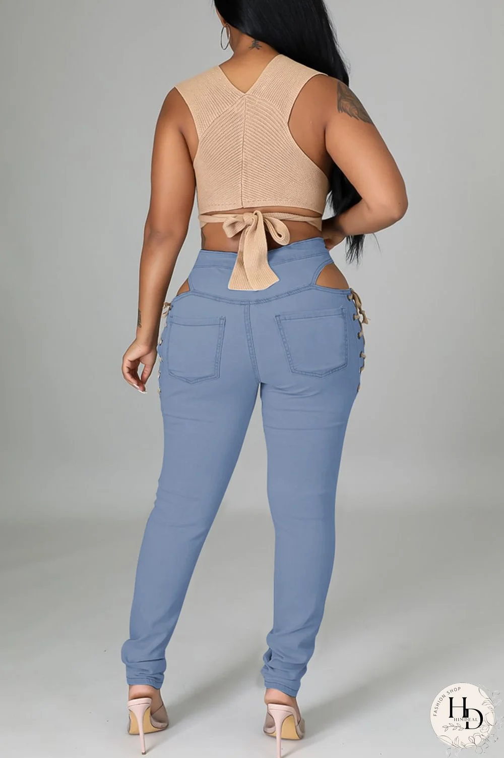 Baby Blue Fashion Casual Solid Ripped Bandage Hollowed Out High Waist Jeans