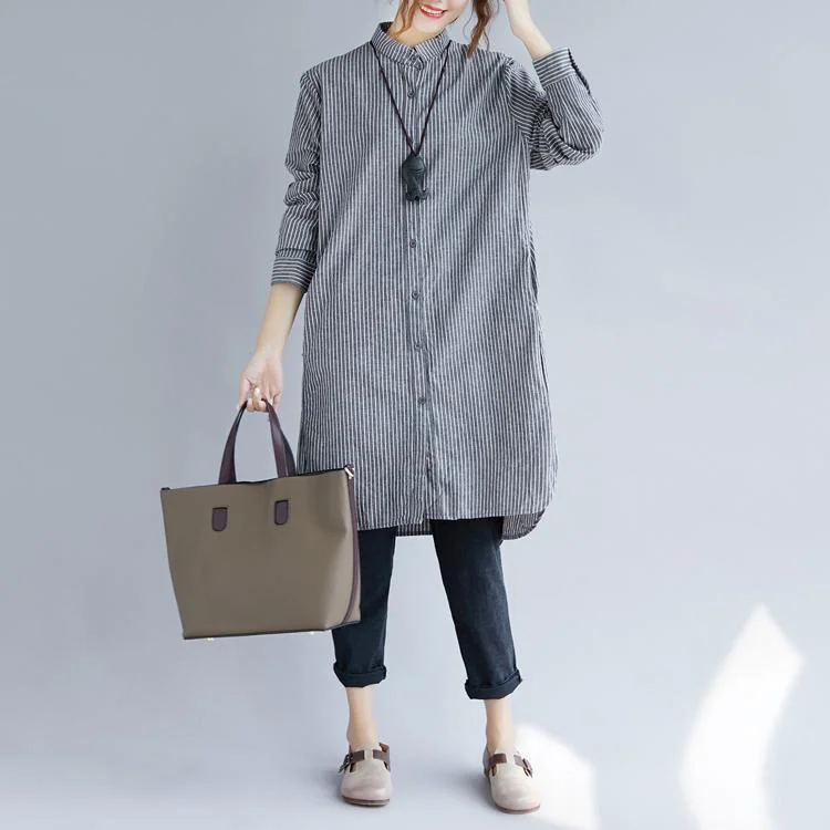 stylish gray striped cotton linen shirt dress trendy plus size shirt dress boutique long sleeve pockets Turn-down Collar patchwork natural cotton linen shirt dress