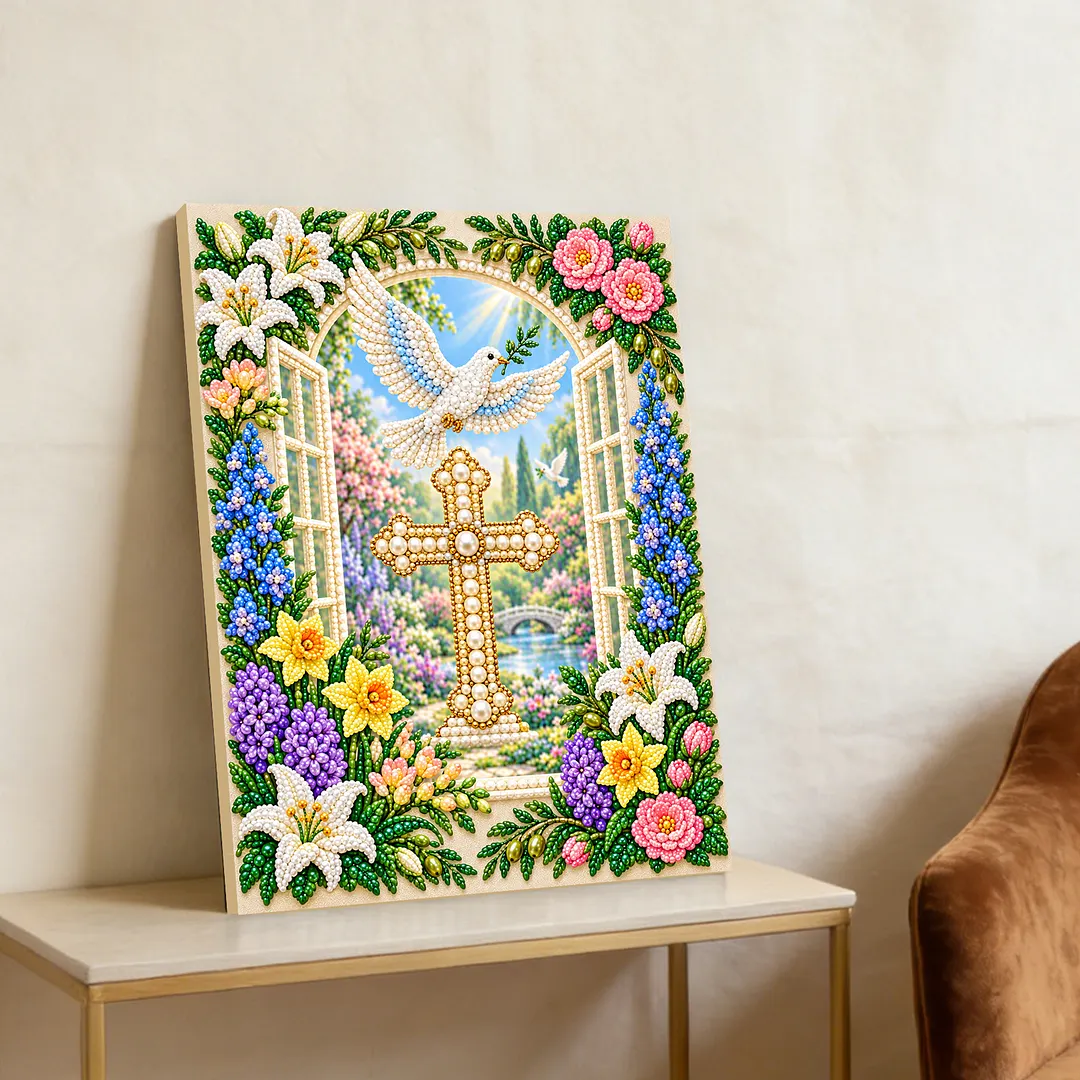 Pearl Painting Kit for Adults Cross Dove Floral with Frame 11.81x15.75in