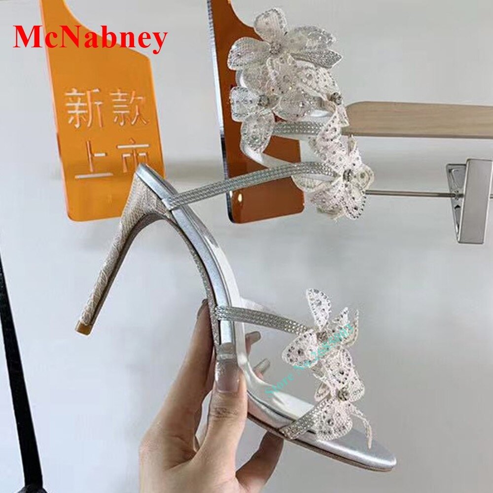 Snake Wrap Heels Lace Flower Women's Sandals Open Toe Summer Shoes Thin High Heel Sexy Crystals Solid Sandals Party Prom Shoes