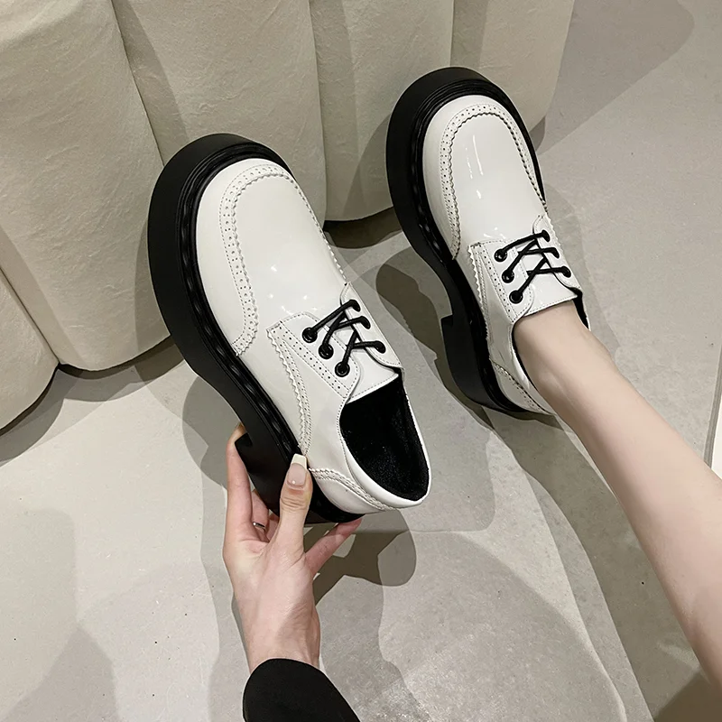 Qengg Leather Shoes Women's New Spring and Autumn 2022 British Style Casual Thick-soled Thick-heeled Student Lace-up Loafers