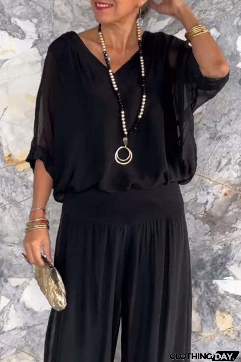 Elegant Solid Patchwork V Neck Half Sleeve Two Pieces