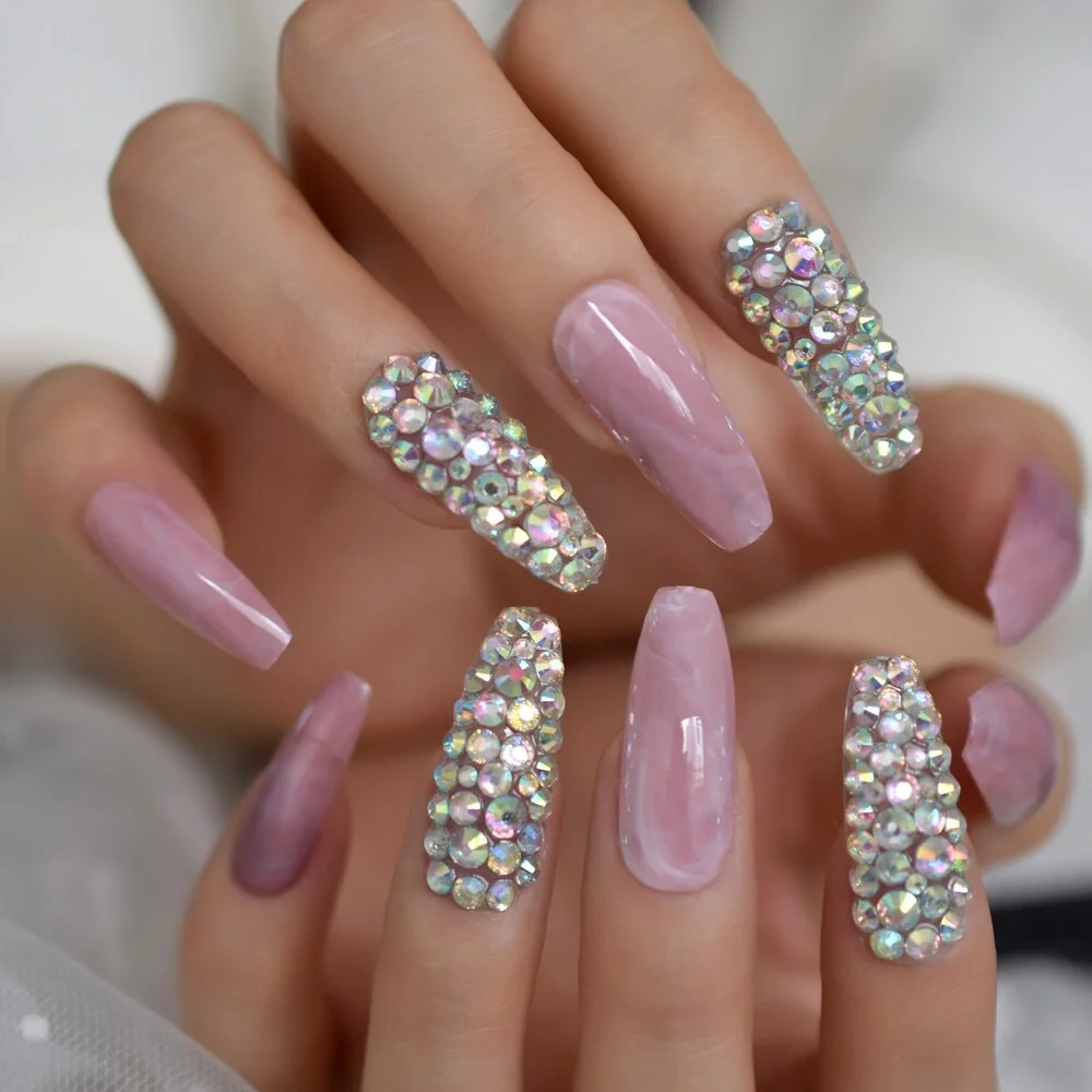 Salon Perfect Artificial Nails 3D Rhinestones Decorative White Nude Faux Ongles Long Ballerina Trapezoid Tips-Nail Inspo