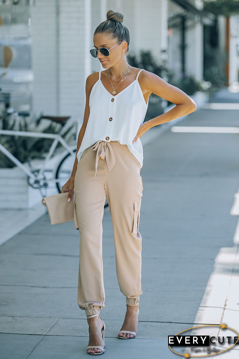 Khaki Side Pockets Slim Fit Knotted High Waist Pants