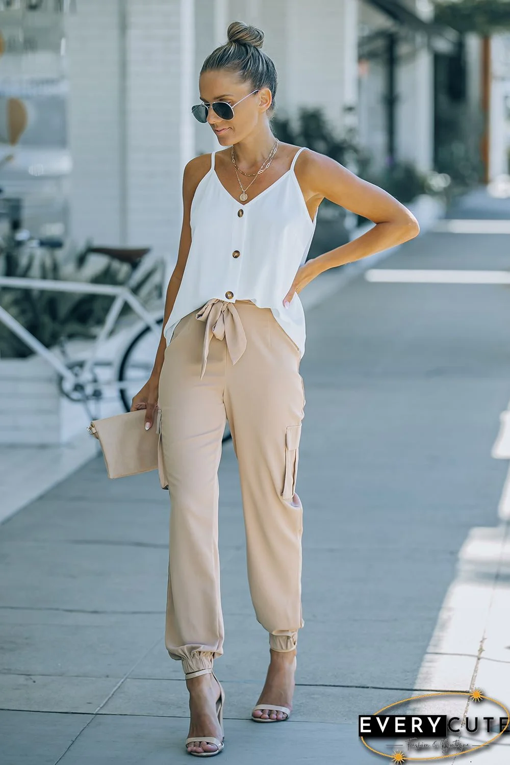 Khaki Side Pockets Slim Fit Knotted High Waist Pants