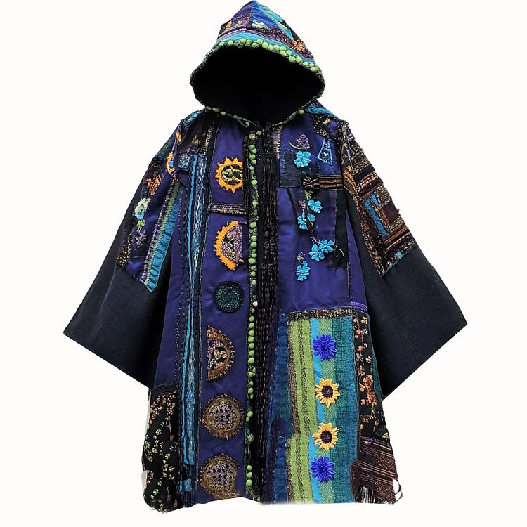 Ethnic print hooded disk-button robe a309