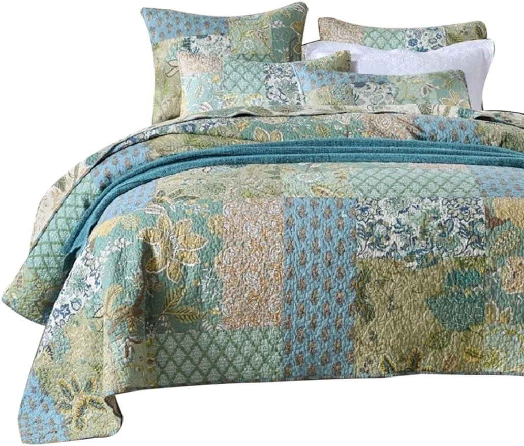 Green Patchwork Quilt Cover Sets King Size, Cotton Quilted Bedspread Sets 3-Piece, 1 Quilt, 2 Pillow Shams (King, Green Patchwork)