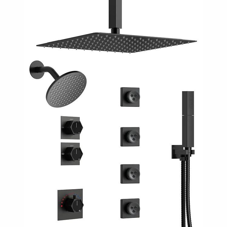EVERSTEIN 12" & 6" Thermostatic Shower System with Body Jets Matte Black
