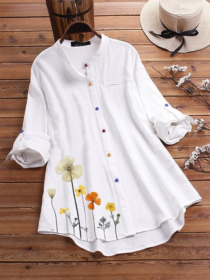 Women's Cotton Linen Stand Collar Print Shirt