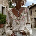 Women's Vintage Pink Flowers Art V-neck Cozy Knit Sweater - Image 2
