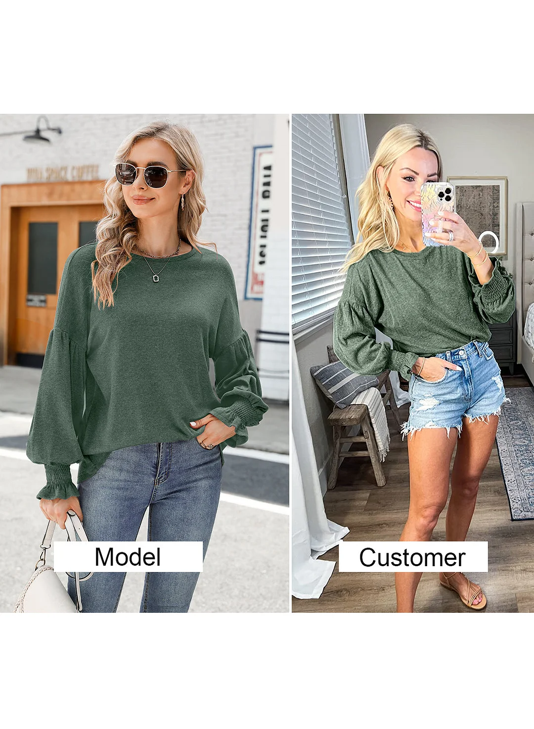 MIHOLL Womens Long Sleeve Top Crew Neck Ruffle Lantern Sleeve Casual Loose Blouse T Shirts