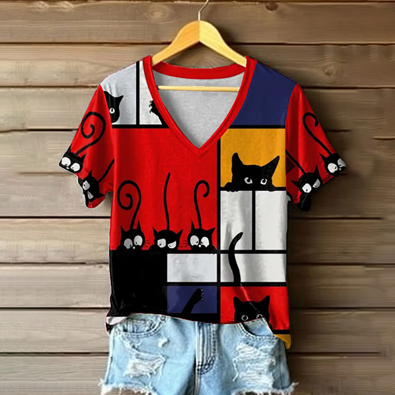 Women's Retro Funny Animal Cat Print Short Sleeve T-shirt wearshes