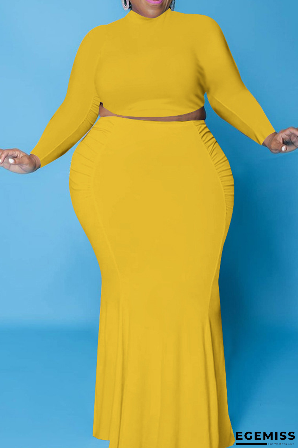 Yellow Casual Solid Patchwork Half A Turtleneck Plus Size Two Pieces | EGEMISS