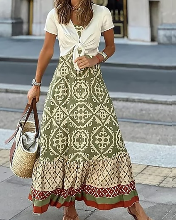 Casual Vacation V-neck Ethnic Two-piece Dress