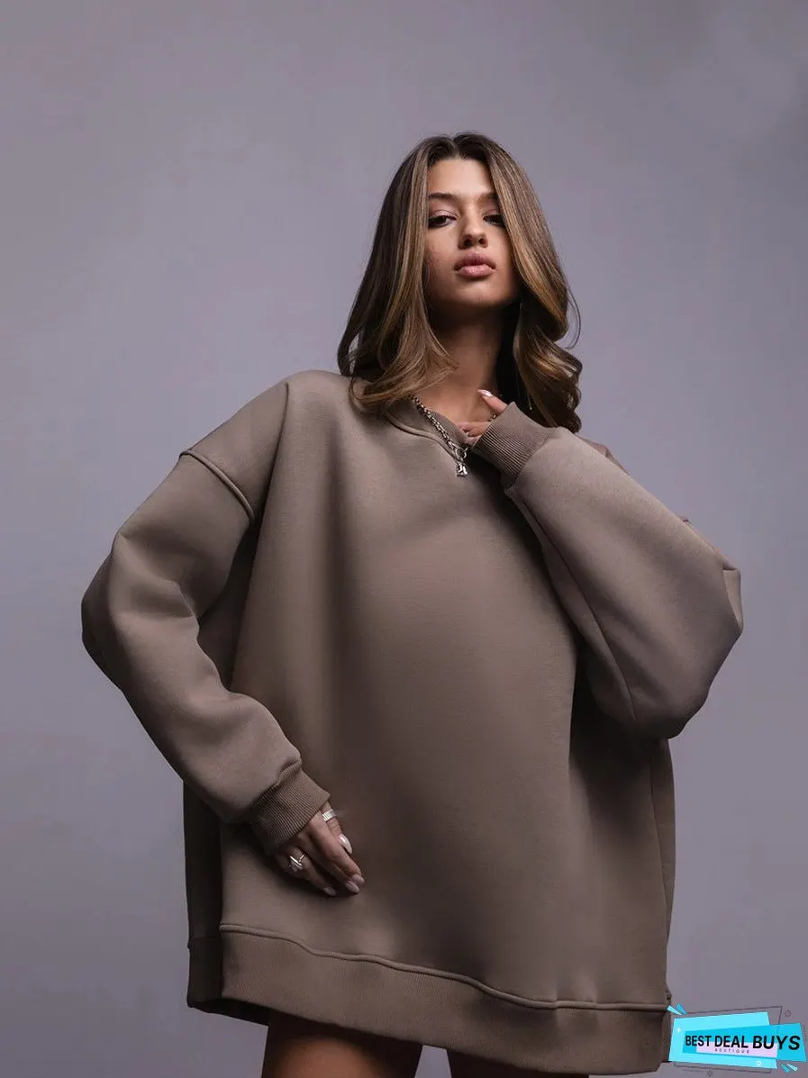 Women's Color Round Neck Winter Polar Fleece Brushed Sweaters
