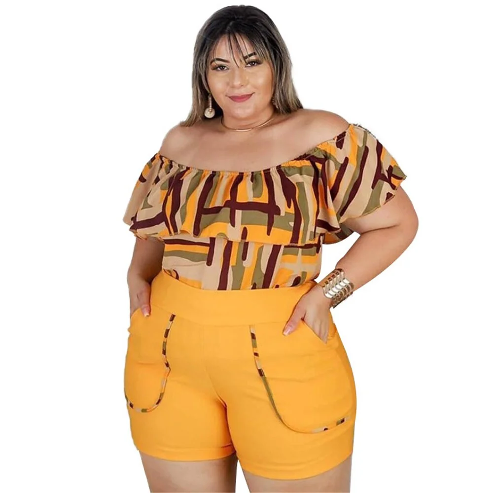 Plus Size 4XL Two Piece Sets for Women Short Sleeve Slash Neck Mid Waist Geometric Printing Above Knee Wholesale Dropshipping