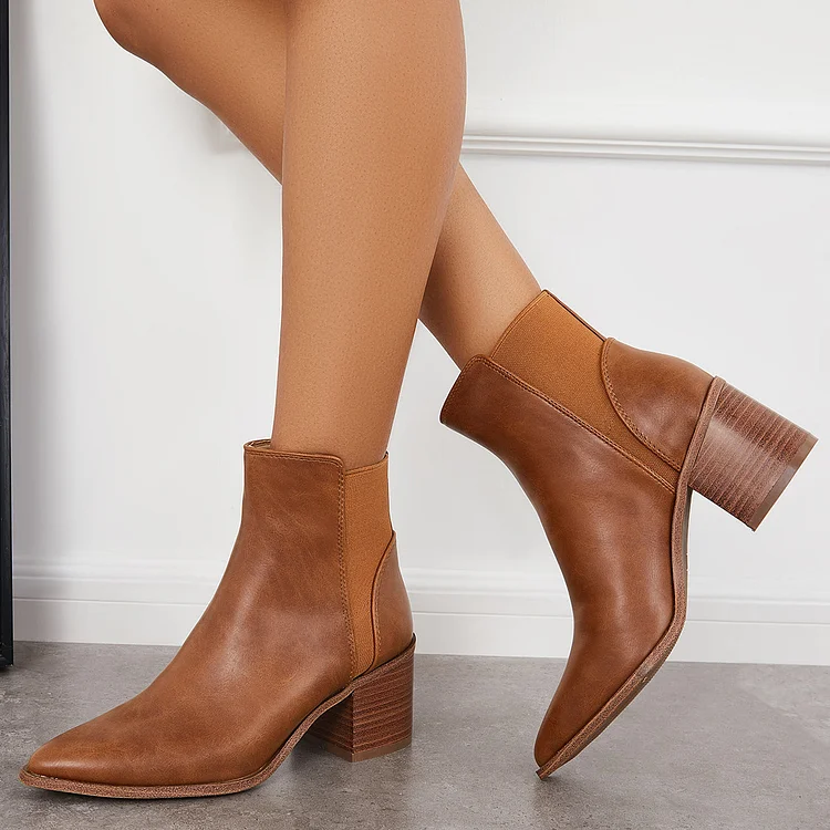 Pointed Toe Ankle Boots Chunky Stacked Heel Chelsea Western Booties