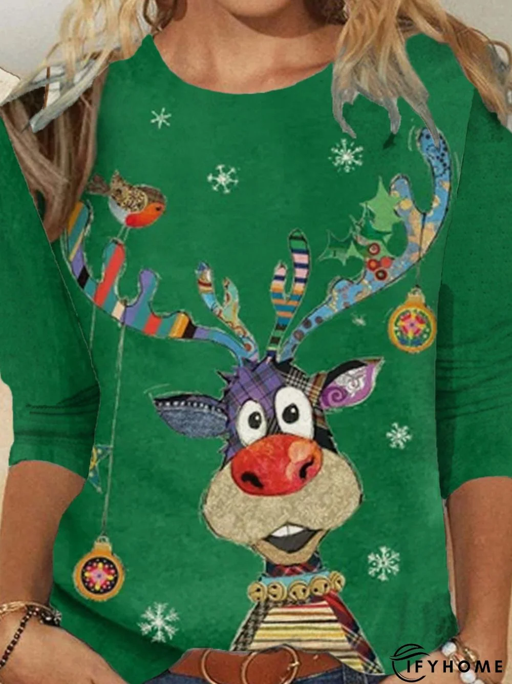 Christmas Xmas Long Sleeve Round Neck Plus Size Printed Top T-shirt | IFYHOME