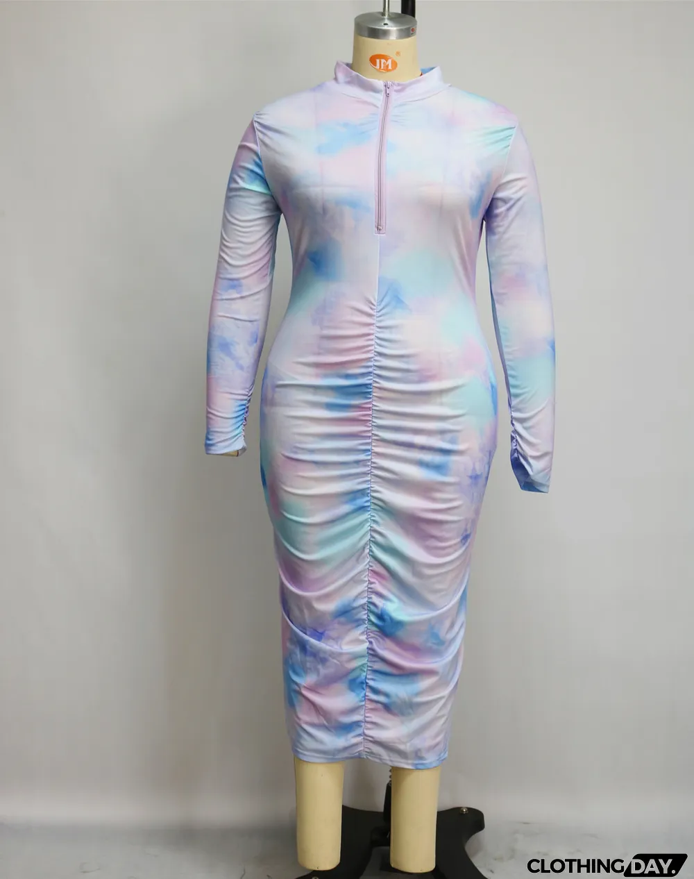 Plus Size Printed Ruched Zipper Midi Dress