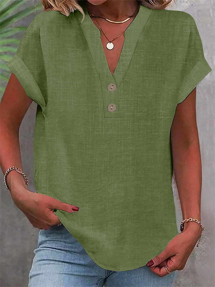 Summer Solid-Color Stand-Up Collar Button-Down Short-Sleeve Women's Shirt-JRSEE
