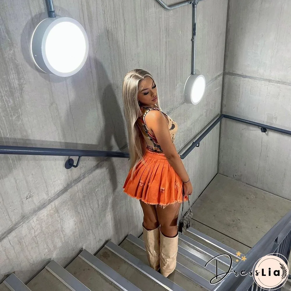 High Waist Street Pleated Slit A Line Mini Denim Skirt