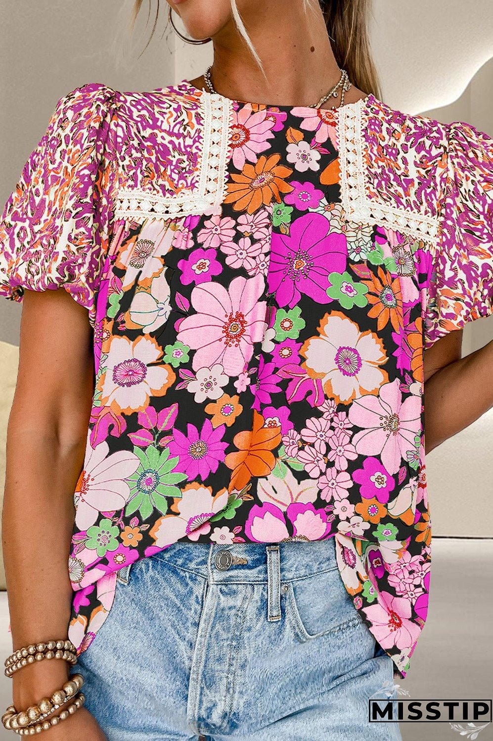 Printed Round Neck Puff Sleeve Blouse