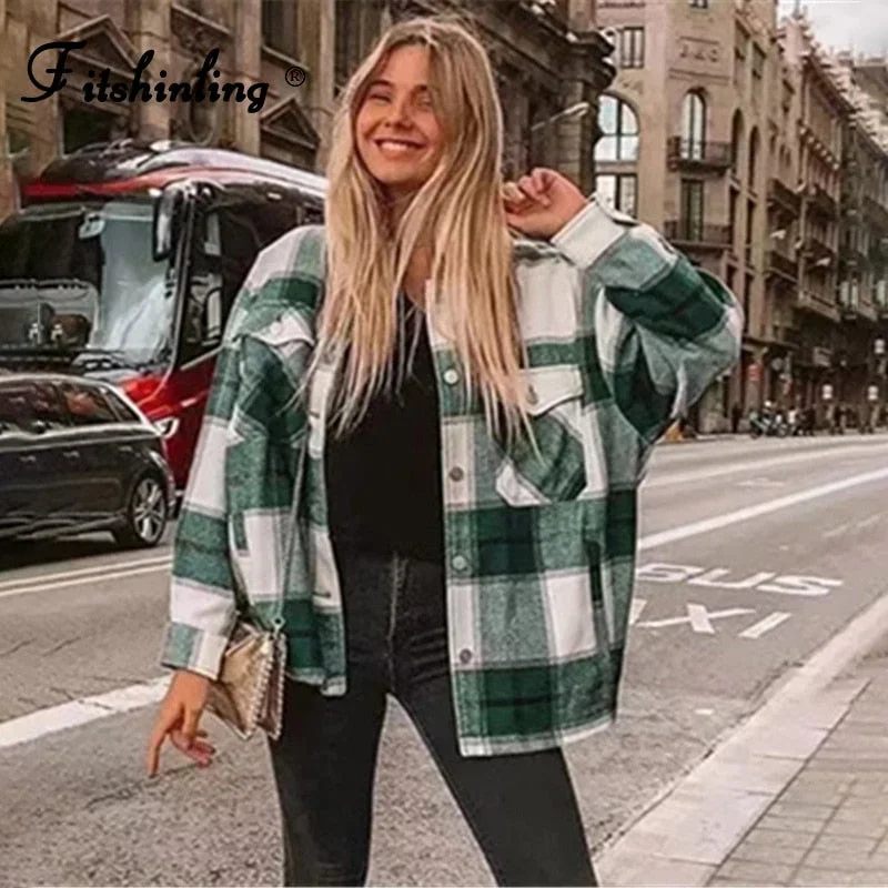 Fitshinling Vintage Checker Blouse Shirt Women Pockets Long Sleeve Tops 2021 High Quality Plaid Oversized BF Shirts Female Sale