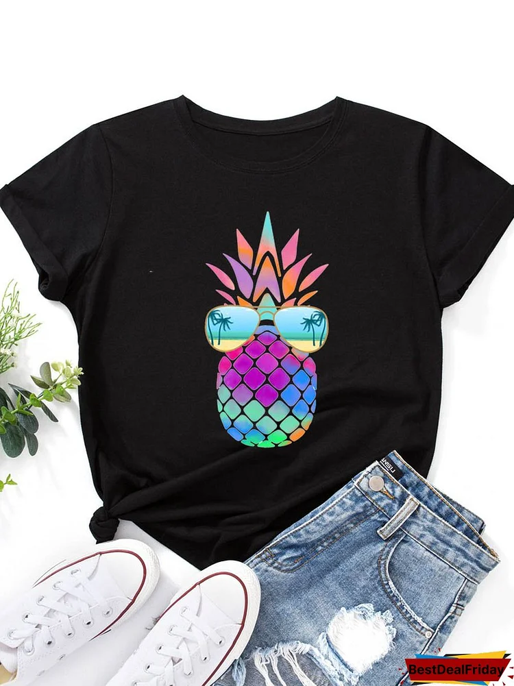 Bestdealfriday Retro Color Pineapple Sunglasses Beach Fun Pattern Tee
