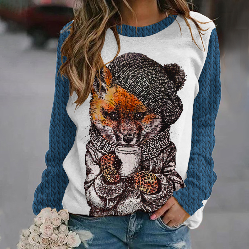 Women's Fox Coffee Print Round Neck Cozy Knit Sweater artswardrobe