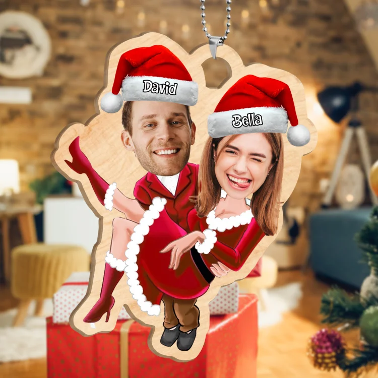 Ornements de Noël Couple en Bois 2 Prénoms et 2 Photos Personnalisés