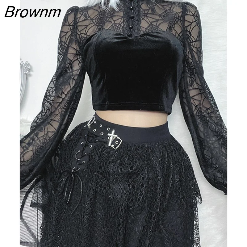 Brownm Spider Web Print Velvet T-shirts Long Sleeves Hollow Out Sexy Y2K Grunge Goth Turtleneck Party Woman 2022 Black Crop Top