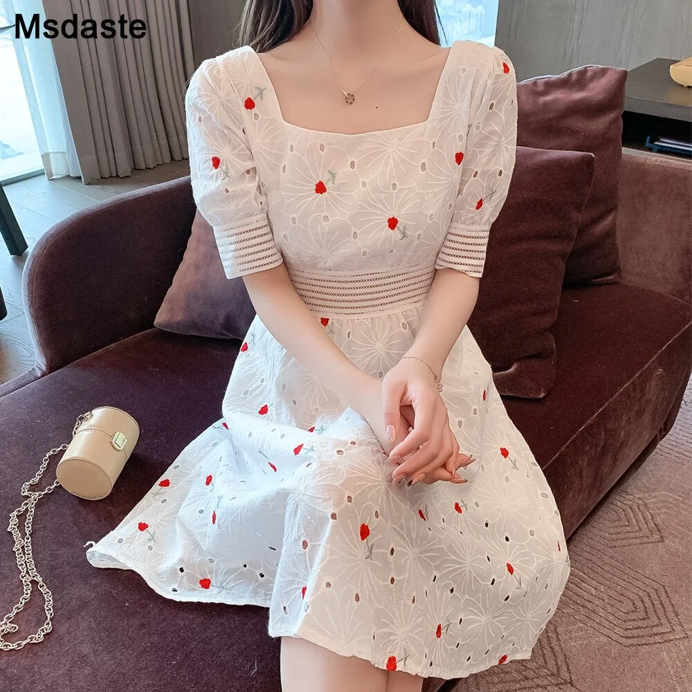Women Dresses 2020 New Summer Wear Flower Embroidery White Color Young Lady Elegant Dress Short Sleeve Cotton Female Dresses