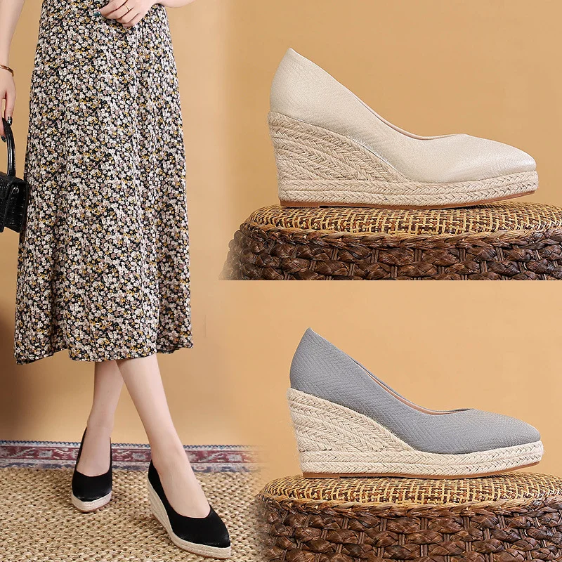 Wongn Wongn And Autumn New Slope Heel Shallow Mouth Single Shoes Women's High Heel Thick Heel Grass Woven Hemp Rope Thick Bottom Large Size Women's Shoes