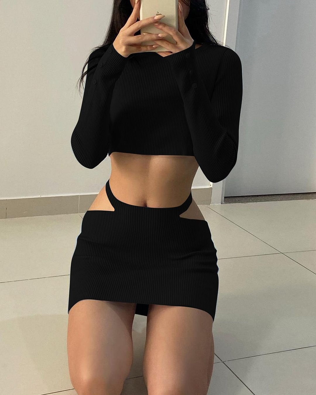 Dulzura ribbed hollow out women 2 piece set crop top long sleeve button mini skirt bodycon sexy streetwear autumn winter co ords