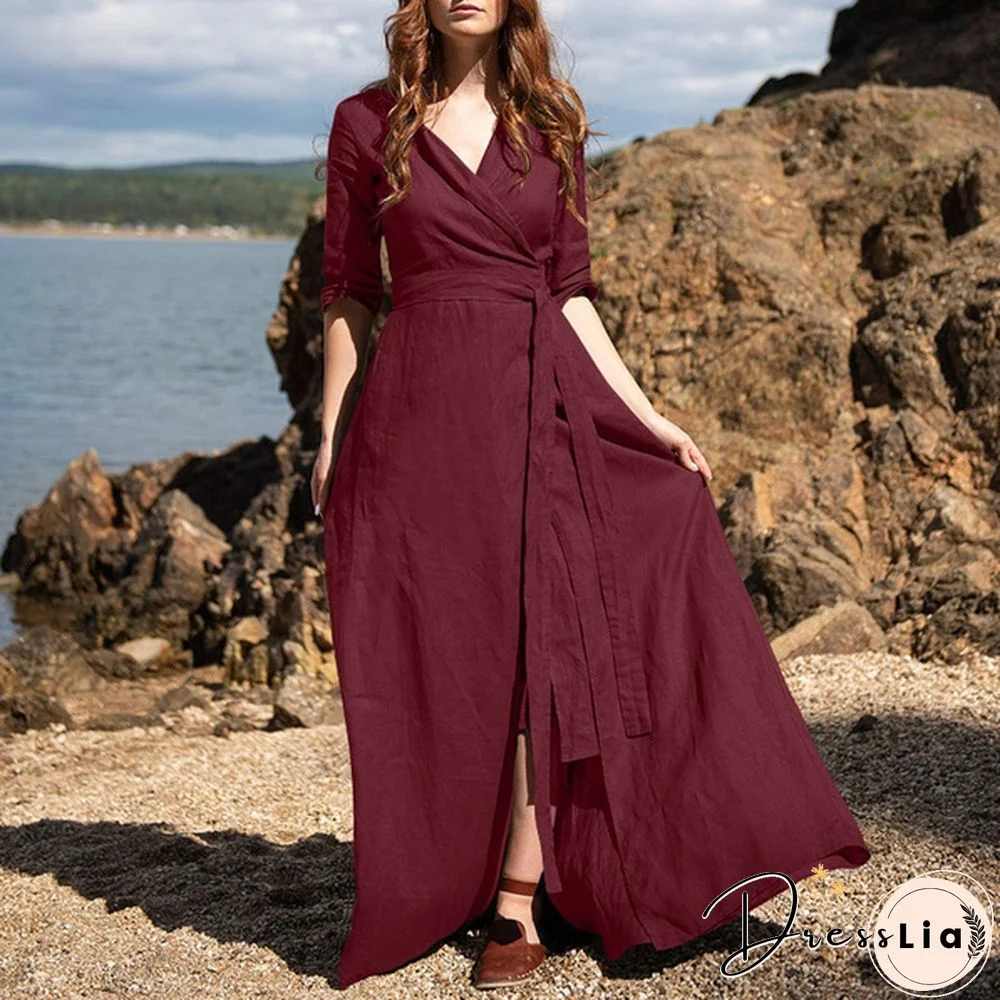 Women Vintage Party Dress Long Sleeve V Neck Office Lady Dress Autumn New Fashion Casual Dress