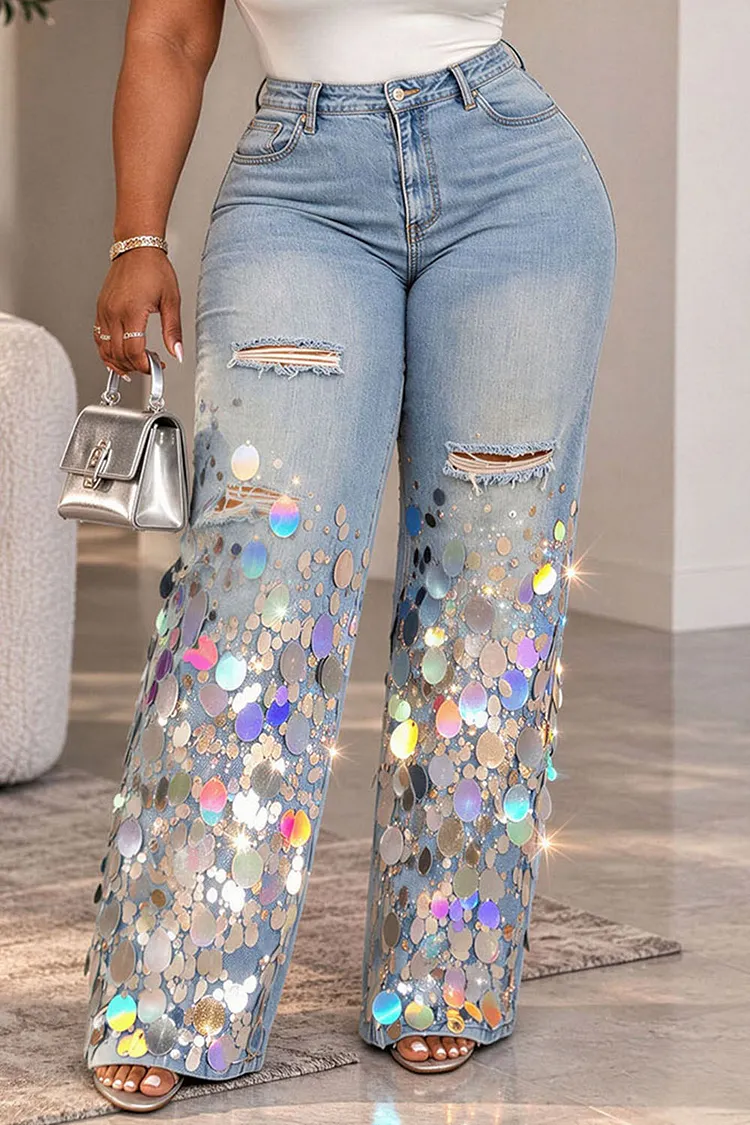 Xpluswear Design Plus Size Party Blue Sequin Distressed Denim Jeans [Pre-Order] 2024 - Xpluswear