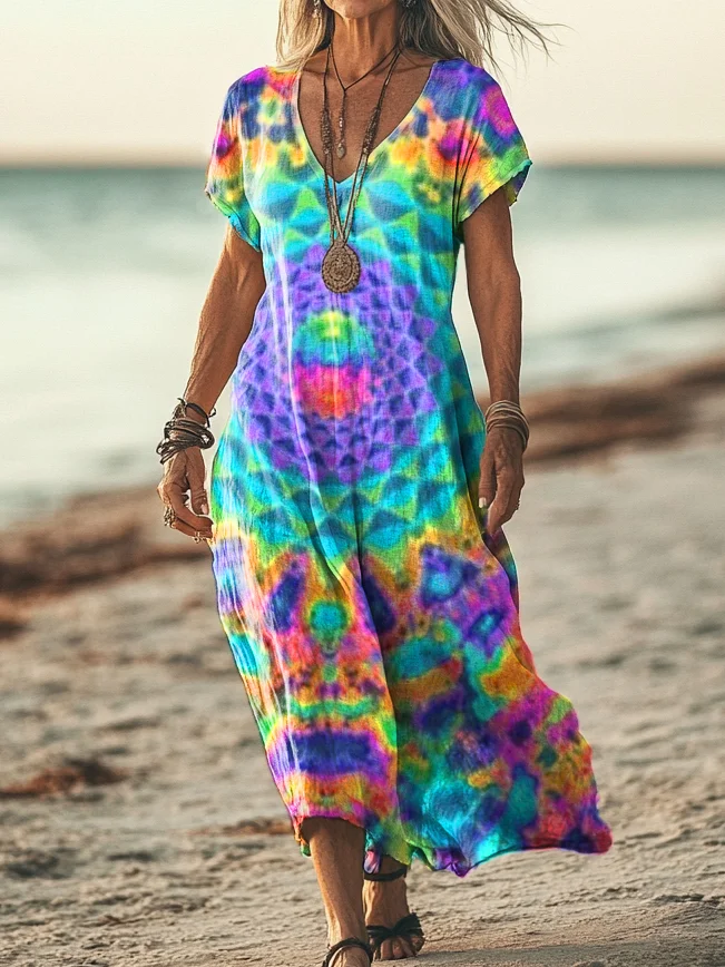 Women's Trippy Tie Dye Print Pocket Cotton Dress