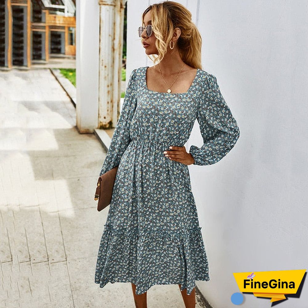 Women Long Dress Autumn Winter Long Sleeve Elegant Ladies Flower Square Collar Dresses Party Black Clothes For Woman