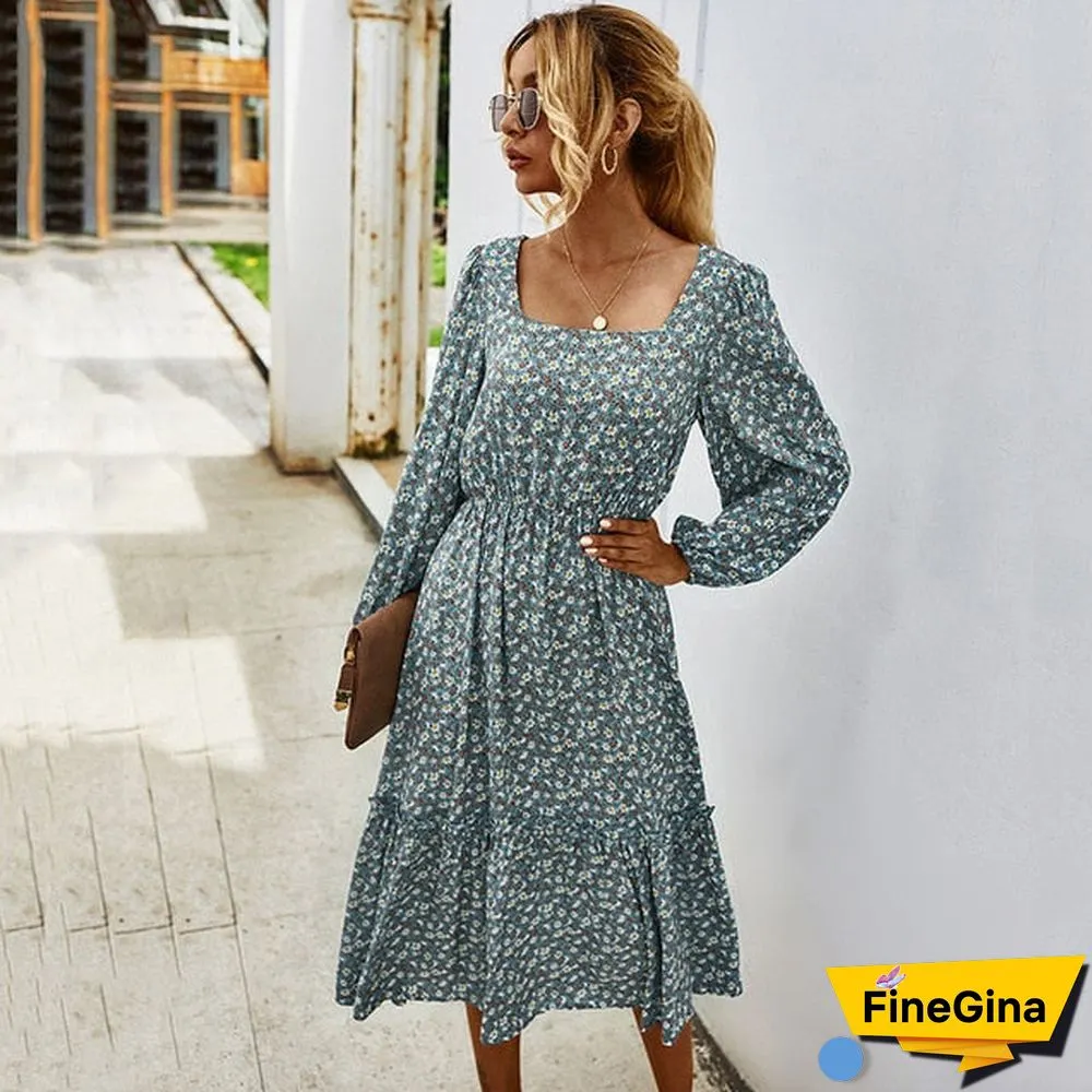 Women Long Dress Autumn Winter Long Sleeve Elegant Ladies Flower Square Collar Dresses Party Black Clothes For Woman
