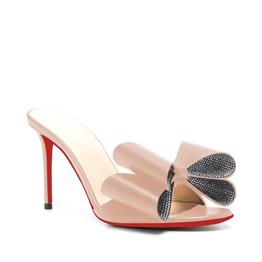 100mm/3.94 Inch Women's High Heel Mules Rhinestone Bowknot Backless Stiletto Heel Slippers Sexy Summer Heeled Red Bottom Sandals-vocosishoes