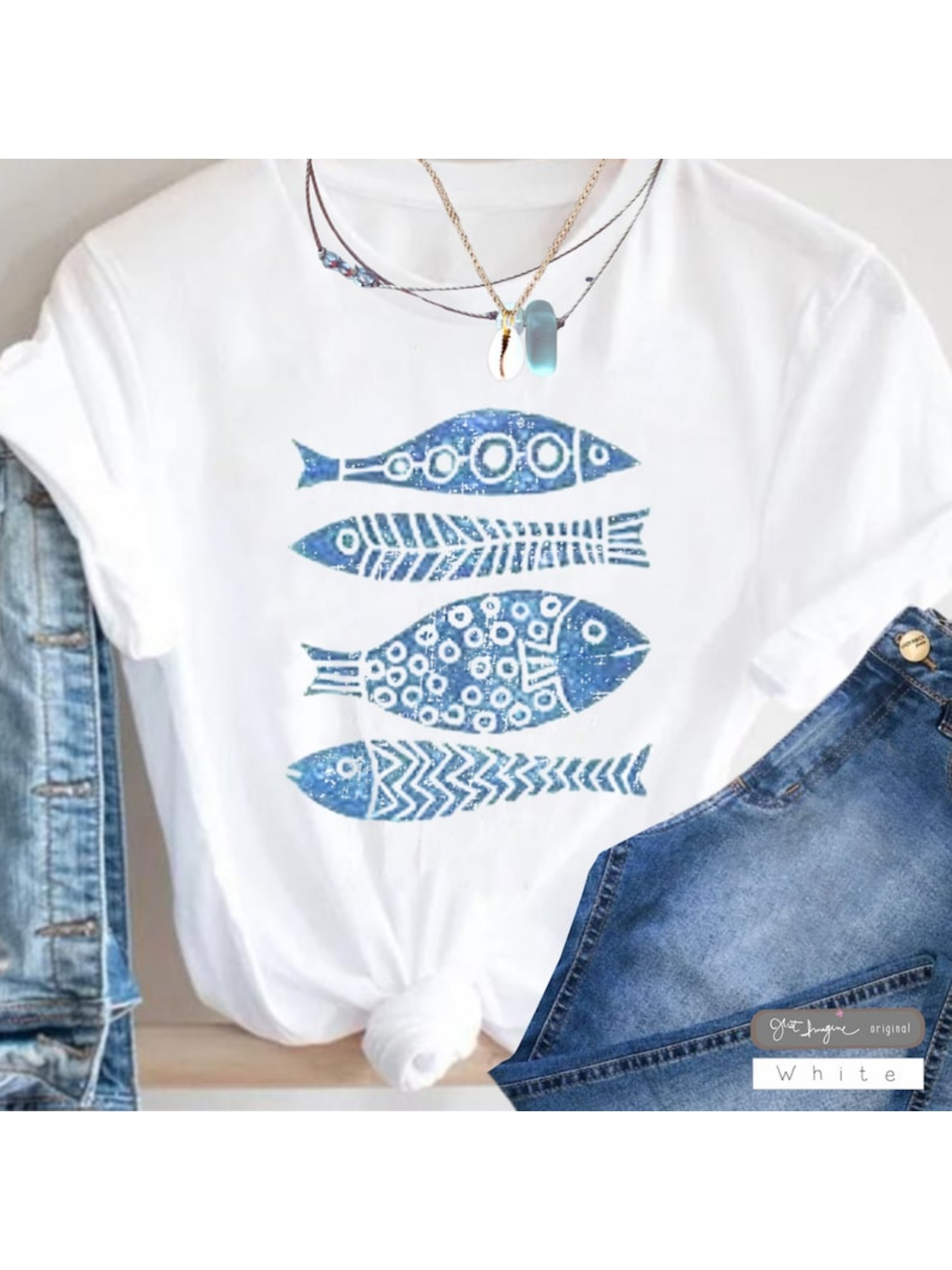 Lightweight Breathable Women's 100% Graphic Fish Print T-Shirt - Casual Crewneck Tee With Blue Fish Design, Perfect Gift For Women/Mom/Family, Fish Shirt | IFYHOME