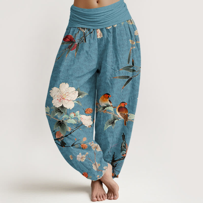 Cotton Birds Branches Flowers Pattern Women's Elastic Waist Harem Pants main image 0