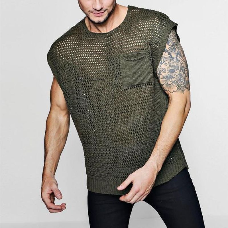 Green Knit Mesh Vest Men Transparent Sexy Men's Tank Tops Red See Through Men's Clothing Sleeveless Tee Streetwear