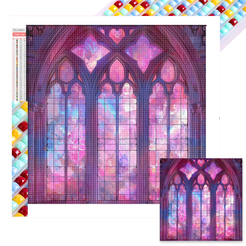 Pink Window With Diamonds 40*40cm(picture) full round drill diamond painting with 3 to 5 colors of AB drills