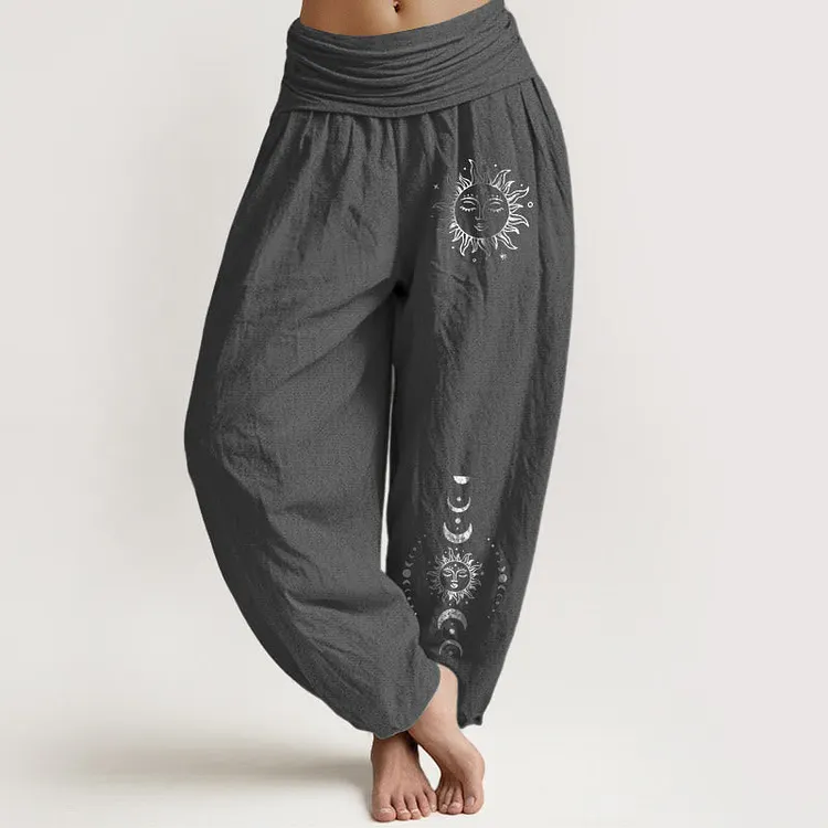 Sun Moon Stars Pattern Women's Elastic Waist Harem Pure Cotton Pants