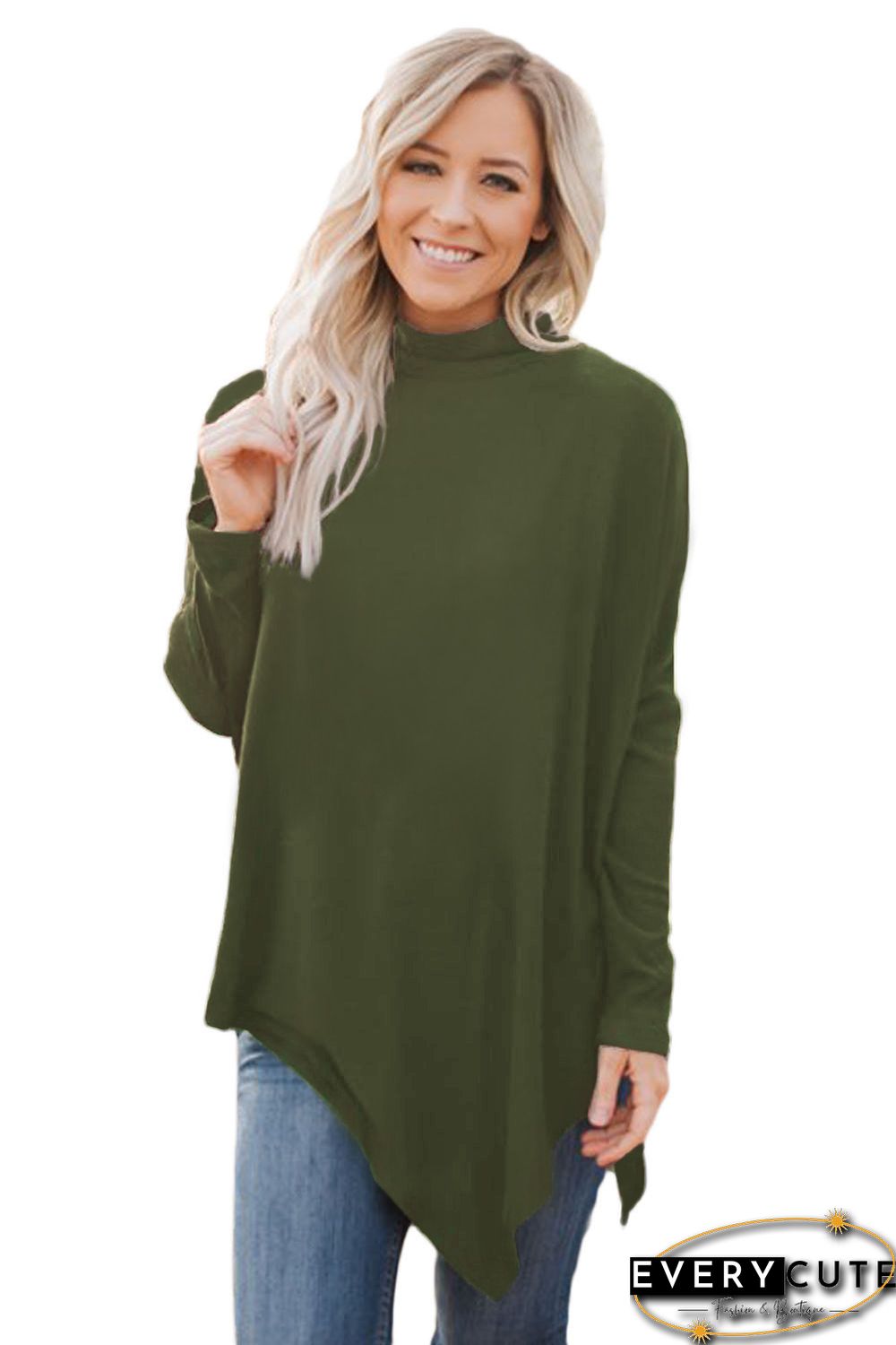 Olive Soft Faux Poncho High Neck Sweater