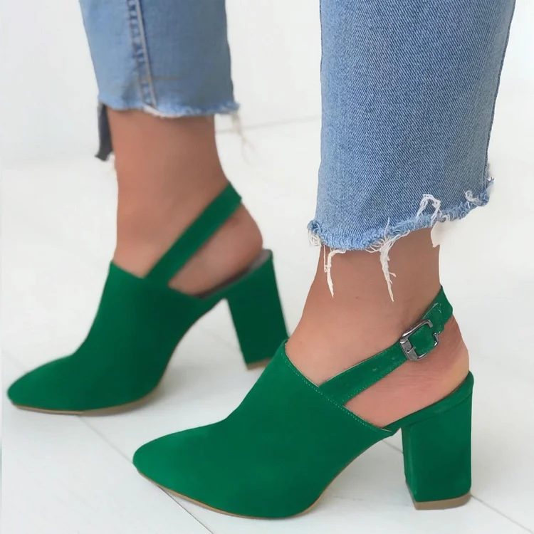 Green Vegan Suede Slingback Shoes Chunky Heel Summer Ankle Boots |FSJ Shoes