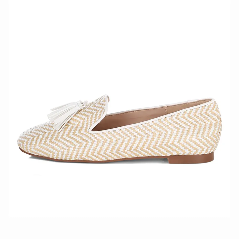 Beige and White Raffia Stripe Round Toe Tassel Loafer Flat Shoes Women
