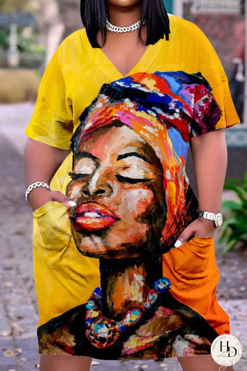 Multicolor Casual Street Print Patchwork V Neck Straight Dresses